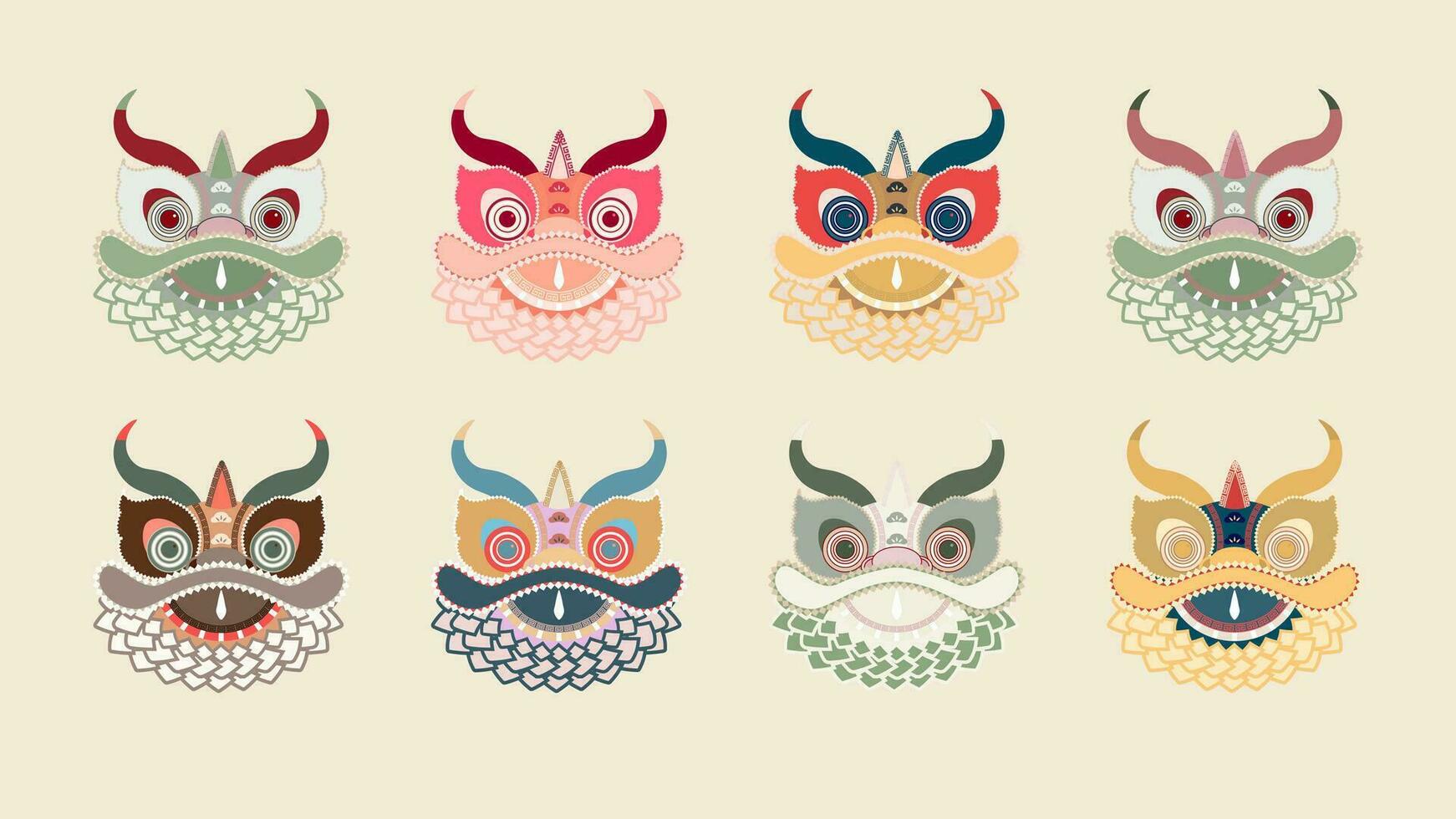 Happy New Year 2024, Chinese New Year. Set of multi-colored dragon masks. Year of the Dragon. Vector illustration