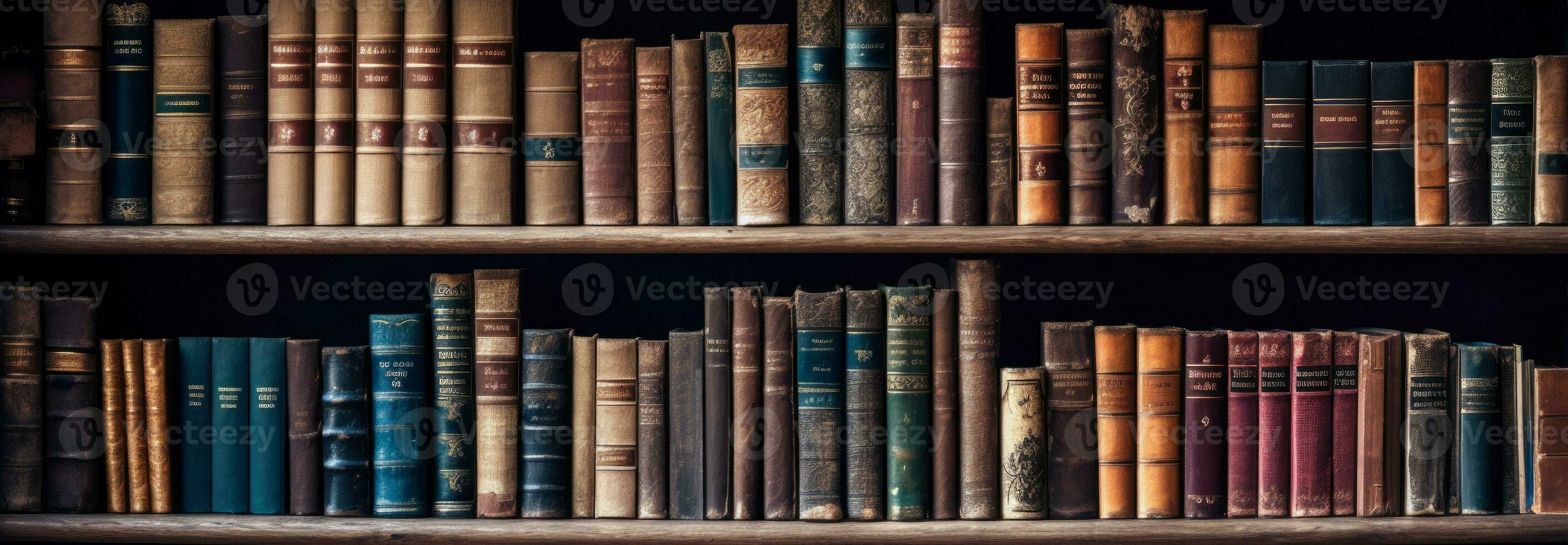 AI generated A vintage wooden bookshelf with old books, horizontal banner photo