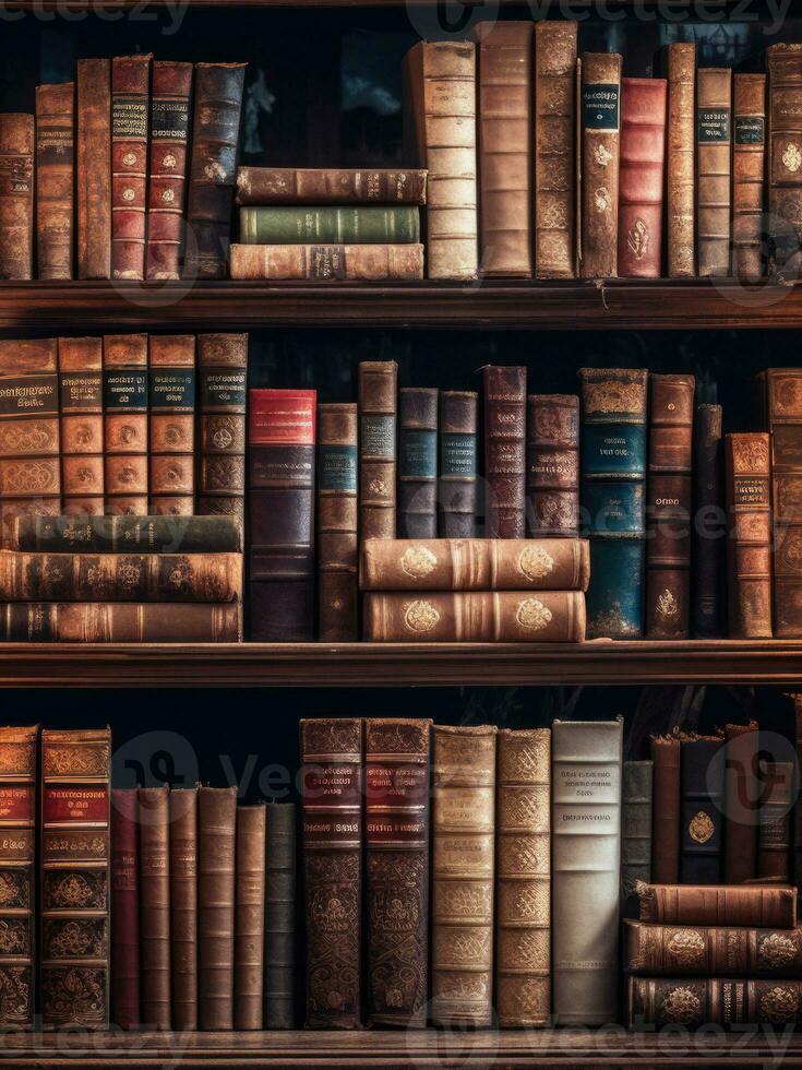 ai generado un Clásico de madera estante para libros con antiguo libros. vertical antecedentes foto