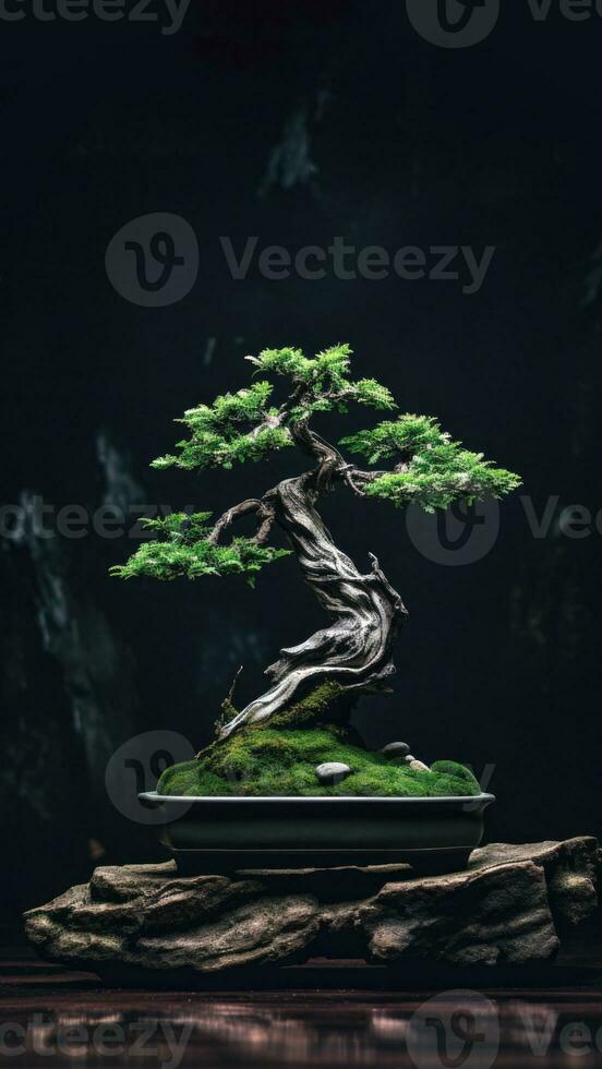 AI generated a bonsai tree in a black ceramic pot against a black vertical background. photo
