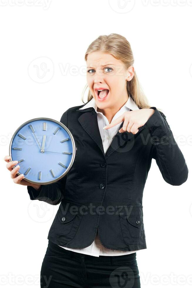 Businesswoman pointing at clock photo