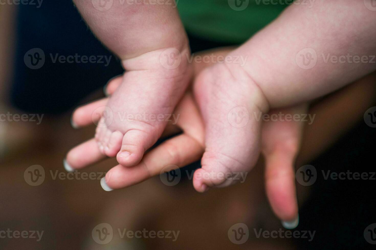 Image of little baby  legs in mother hands. Focus on baby fingers. photo