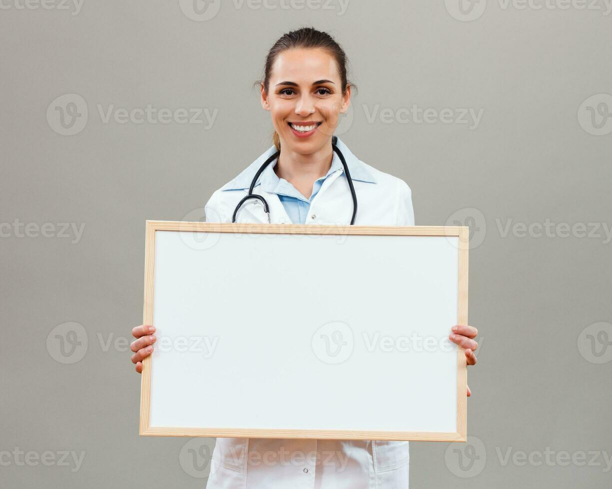 Beautiful female doctor is holding whiteboard on gray background. photo