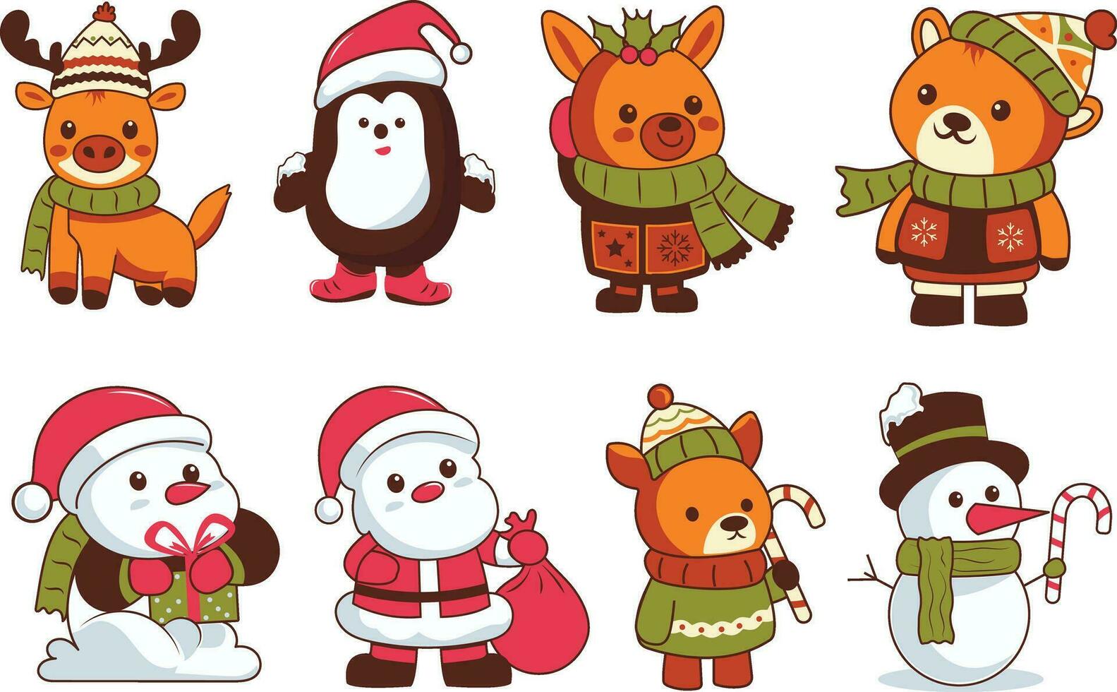 Set of Winter Joyful Vector Characters For Greetings, Invitation, Party and Fun Designs