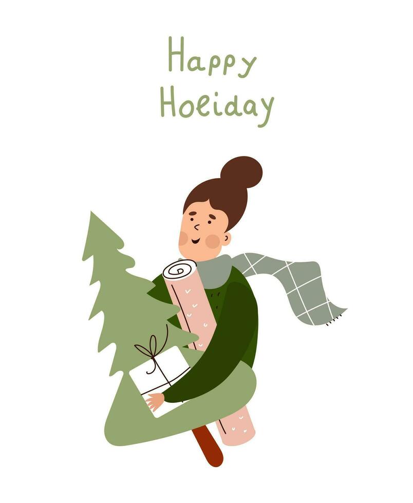 Fun flat cartoon woman holding presents for his family and a new year tree. Vector illustration on white background