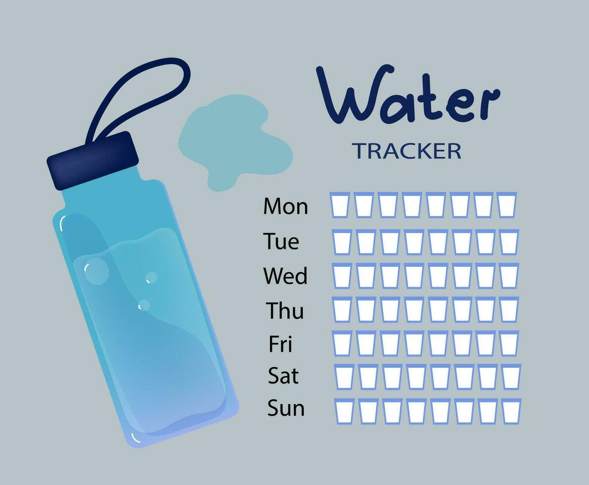 diario agua rastreador. reutilizable deporte botella con limón y hierbas. agua balance. vector