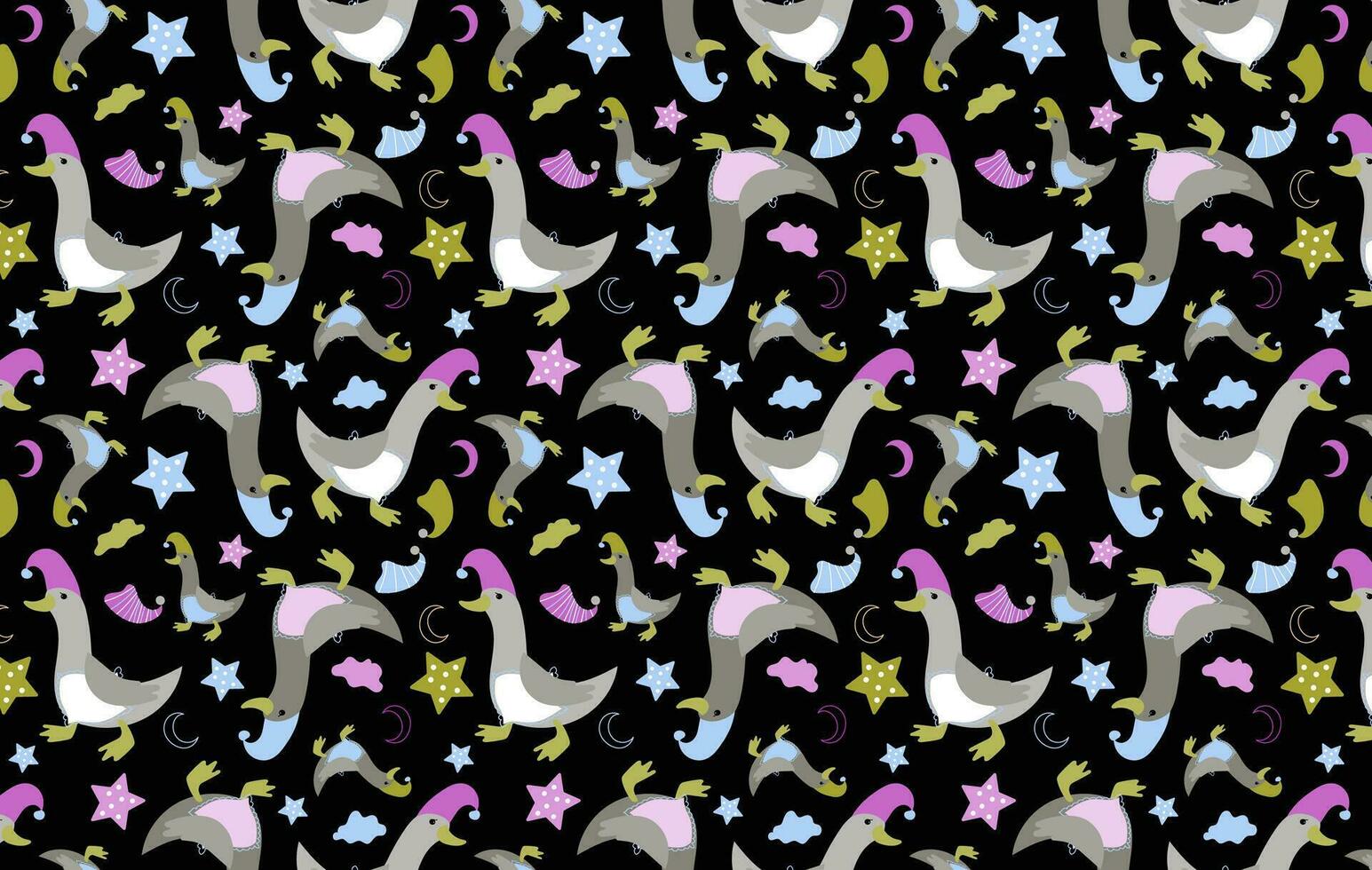 Vector seamless pattern with funny geese in nightcaps, stars, clouds and the moon.