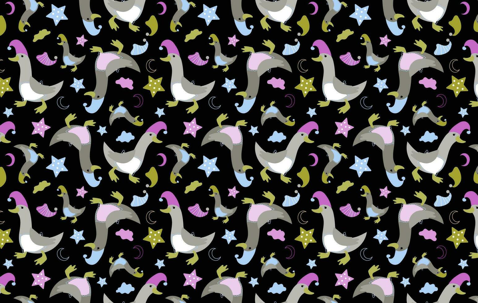 Vector seamless pattern with funny geese in nightcaps, stars, clouds and the moon.