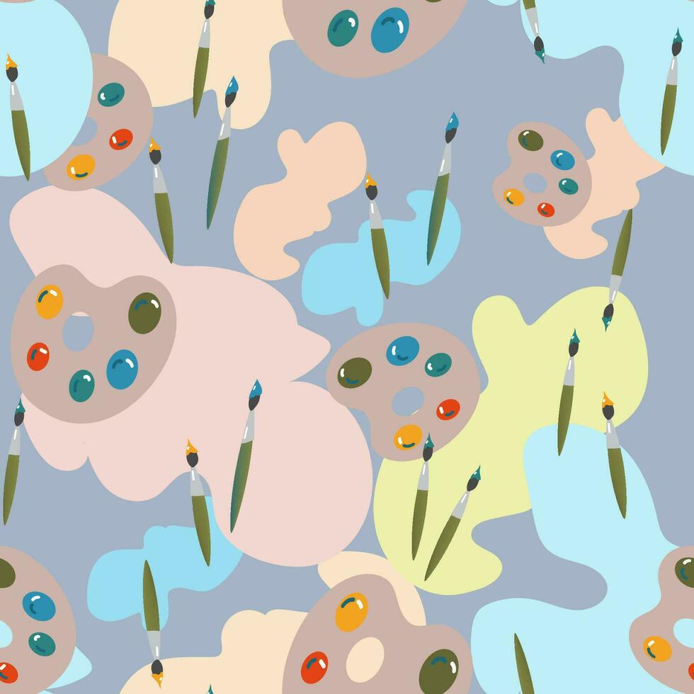 Vector seamless pattern. Paints and brushes, watercolors. Tools for the painter. A trending hobby.