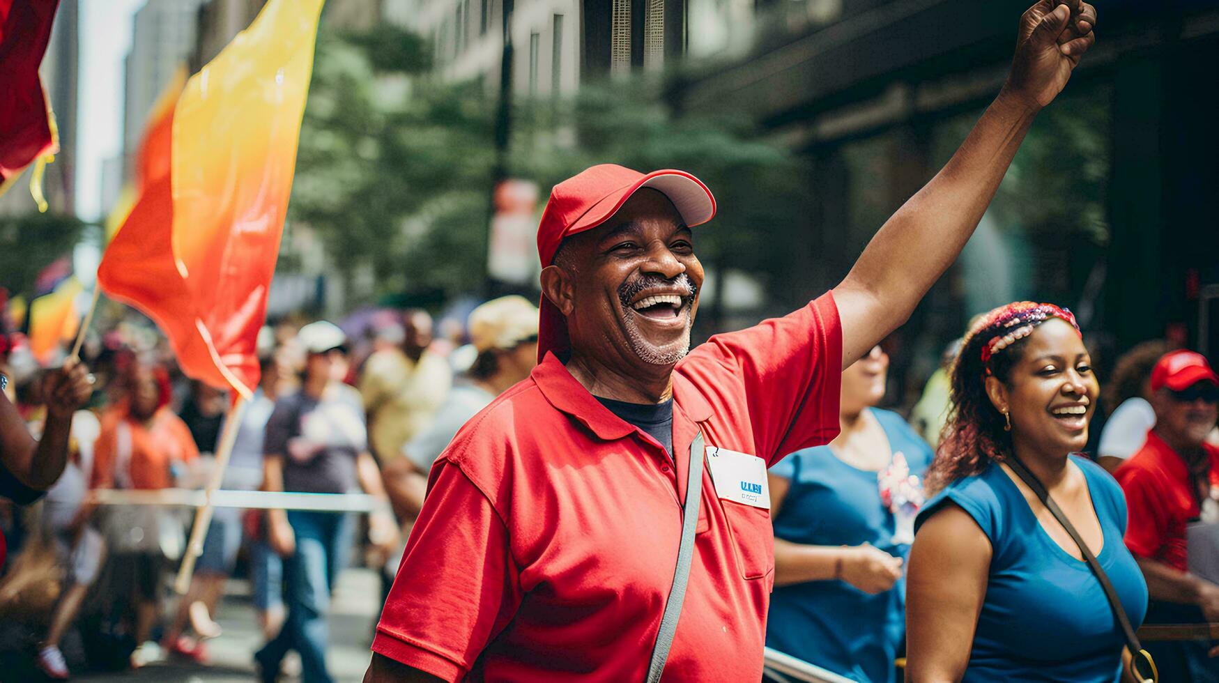 AI generated Photo happy playful multiethnic of labor day celebration in street