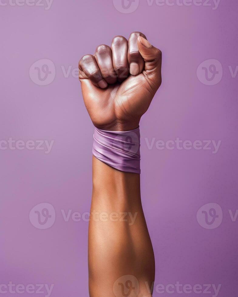 AI generated Raised Fist Wrapped in Purple Ribbon for Empowerment photo