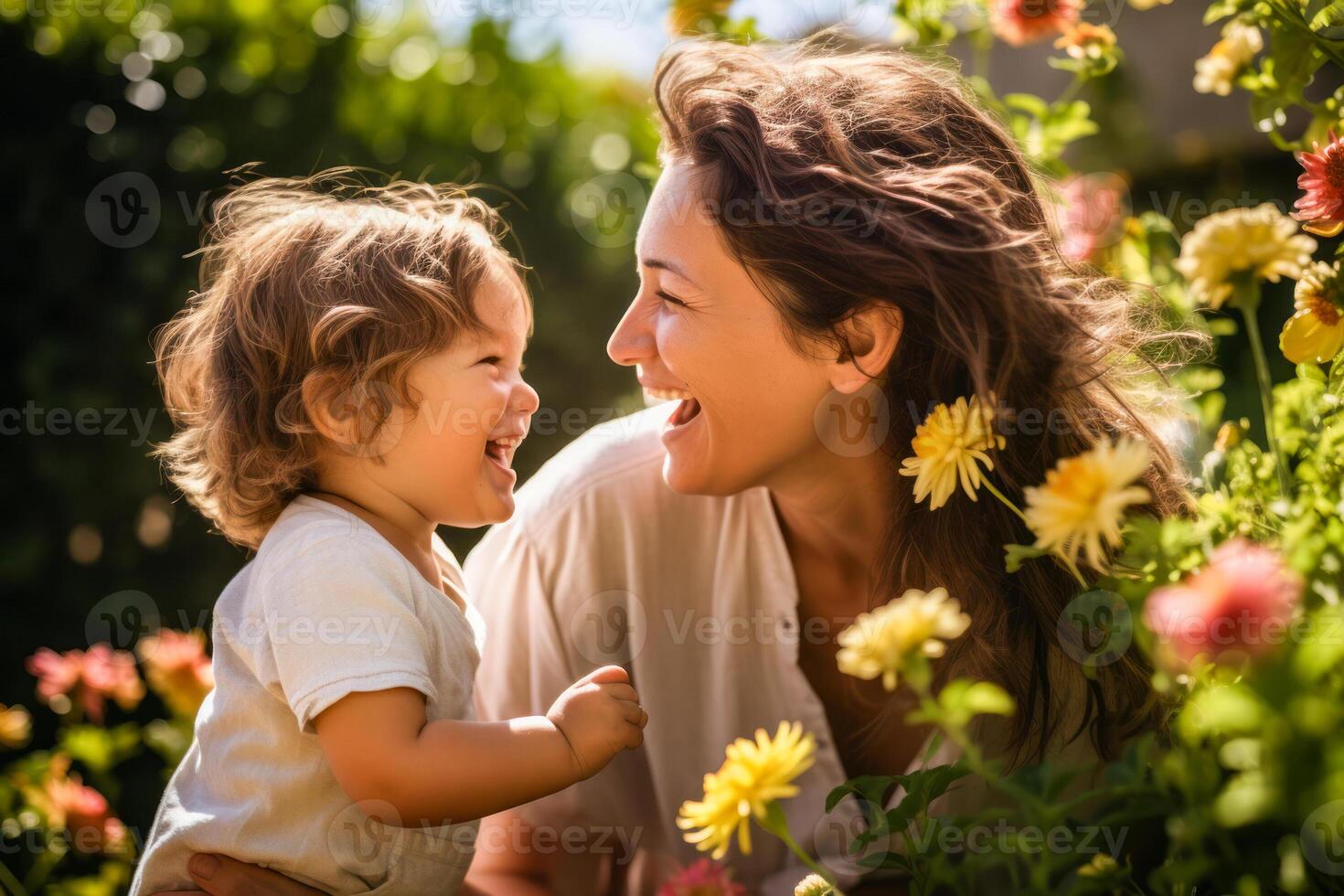 AI generated Smiling Mother and Toddler Enjoying Time in the Flower Garden photo