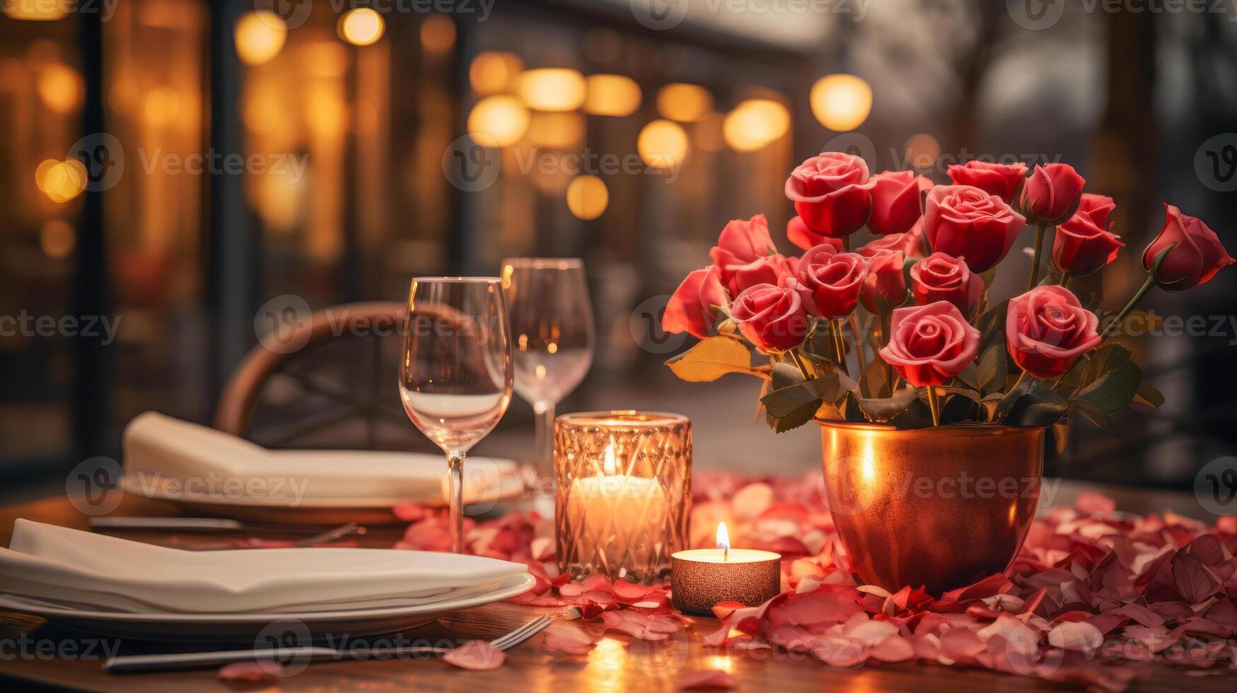 AI Generated Romantic Valentines Day Dinner Table With Roses And Warm AI Generated Romantic Valentines Day Dinner Table With Roses And Warm