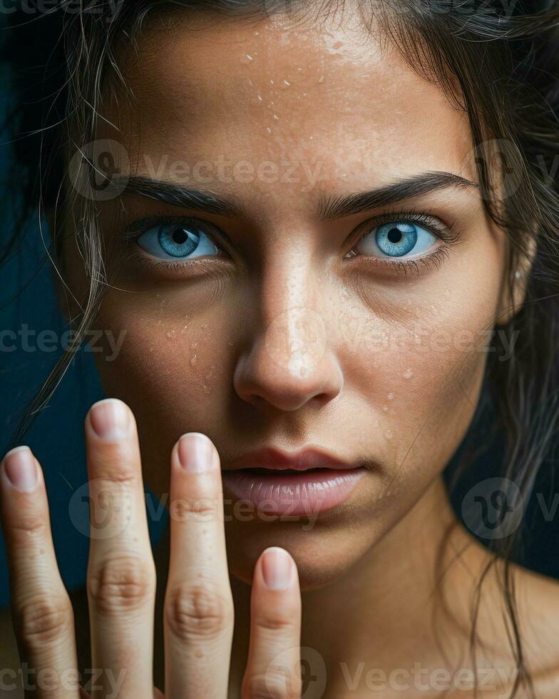 ai generado de cerca de un joven mujer con perforación azul ojos foto