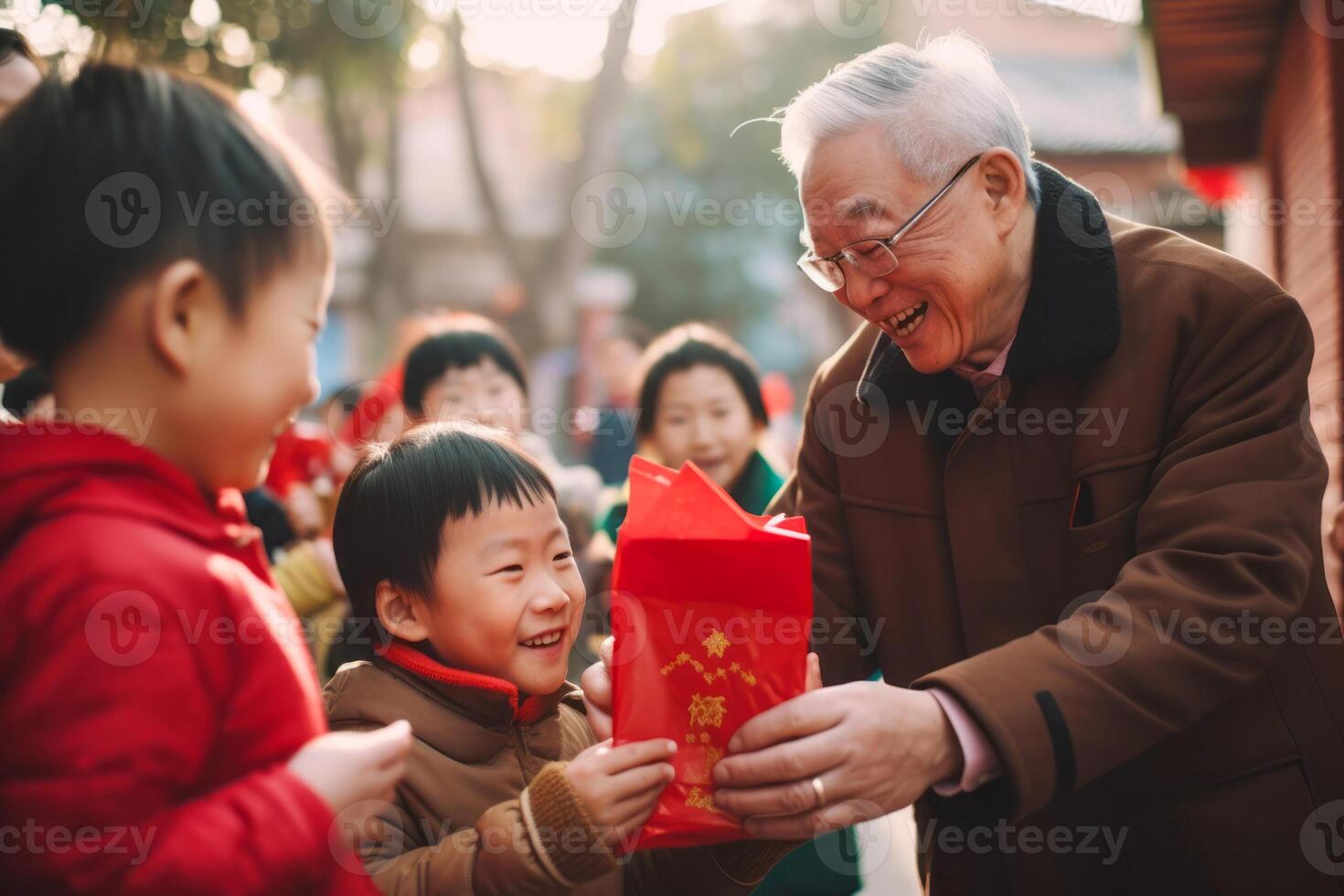 AI generated Grandfather Giving Red Envelopes to Excited Children During Festivities photo