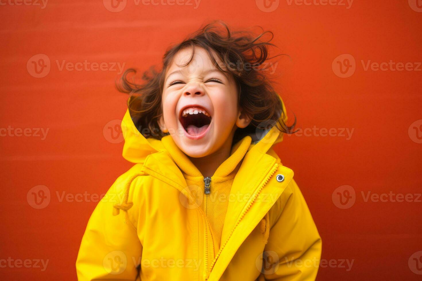 AI generated Child in Yellow Laughing Vibrantly Against Red Background photo