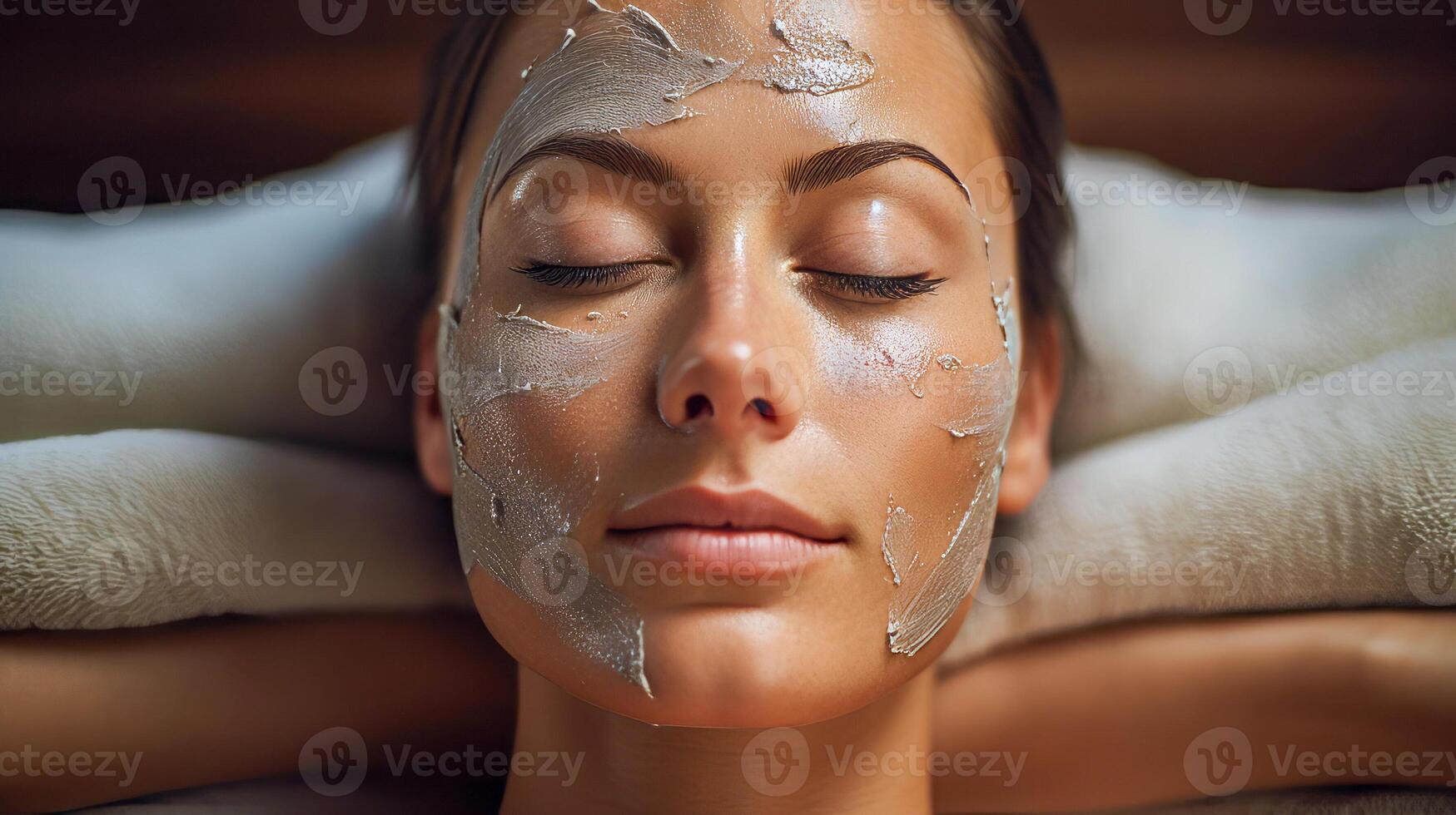 AI generated Adult Woman Relaxing with a Silver Peel-Off Mask at a Spa photo