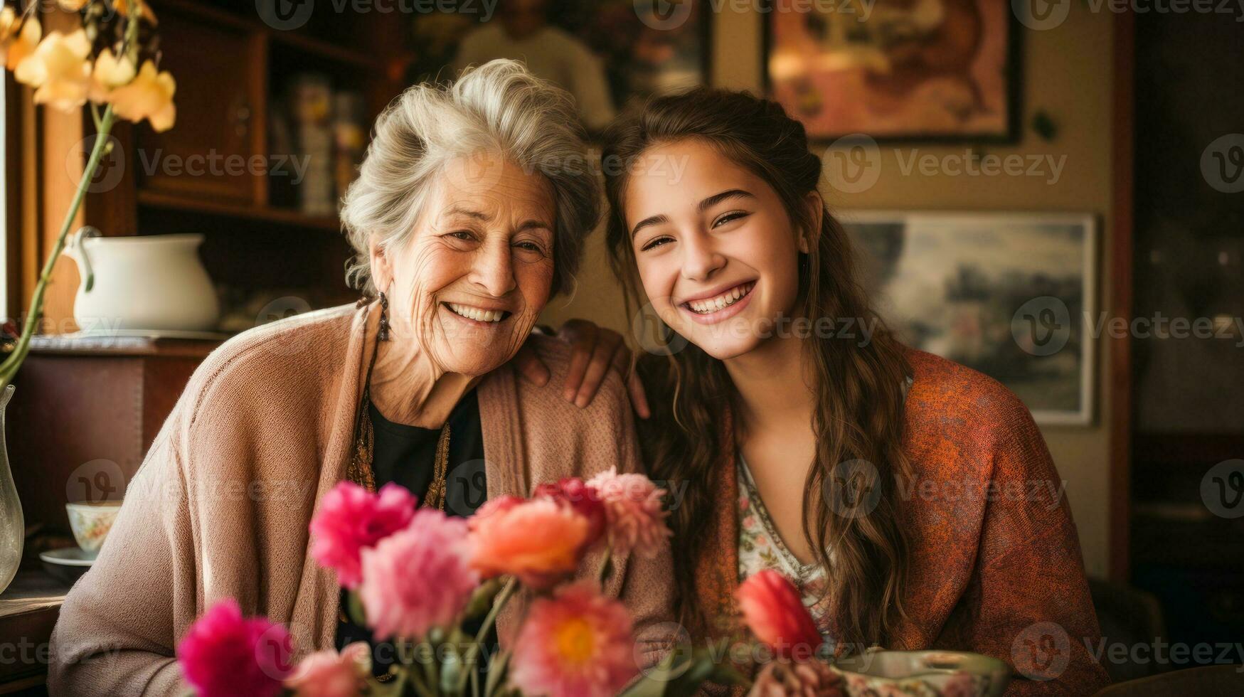 ai generado abuela y nieta compartiendo un alegre momento adentro foto