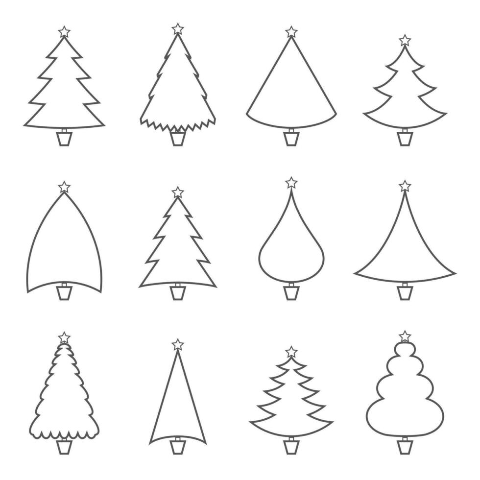 Christmas tree outline icons set. linear style symbols collection, vector graphics