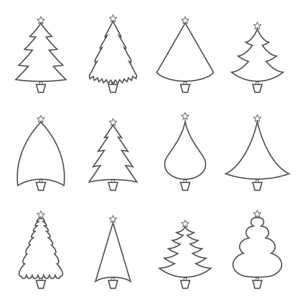 Navidad árbol contorno íconos colocar. lineal estilo símbolos recopilación, vector gráficos