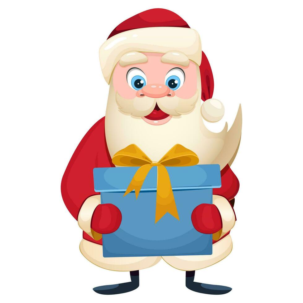 Cartoon Santa Claus in red costume hold a gift box. Merry Christmas and Happy New Year Isolated vector cartoon illustration for greeting card, banner and more.