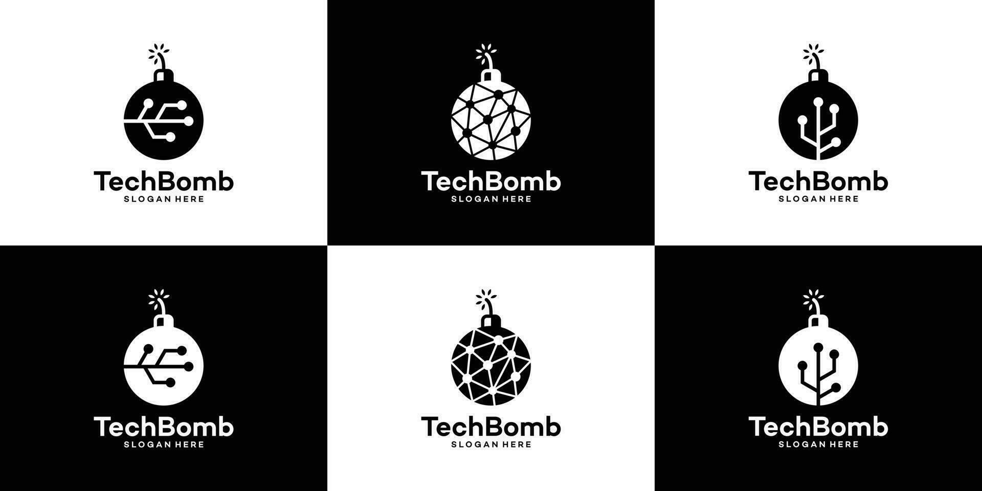 Collection of Bomb logo design template with abstract dot, molecule and network Internet system design graphic vector illustration. Symbol, icon, creative.