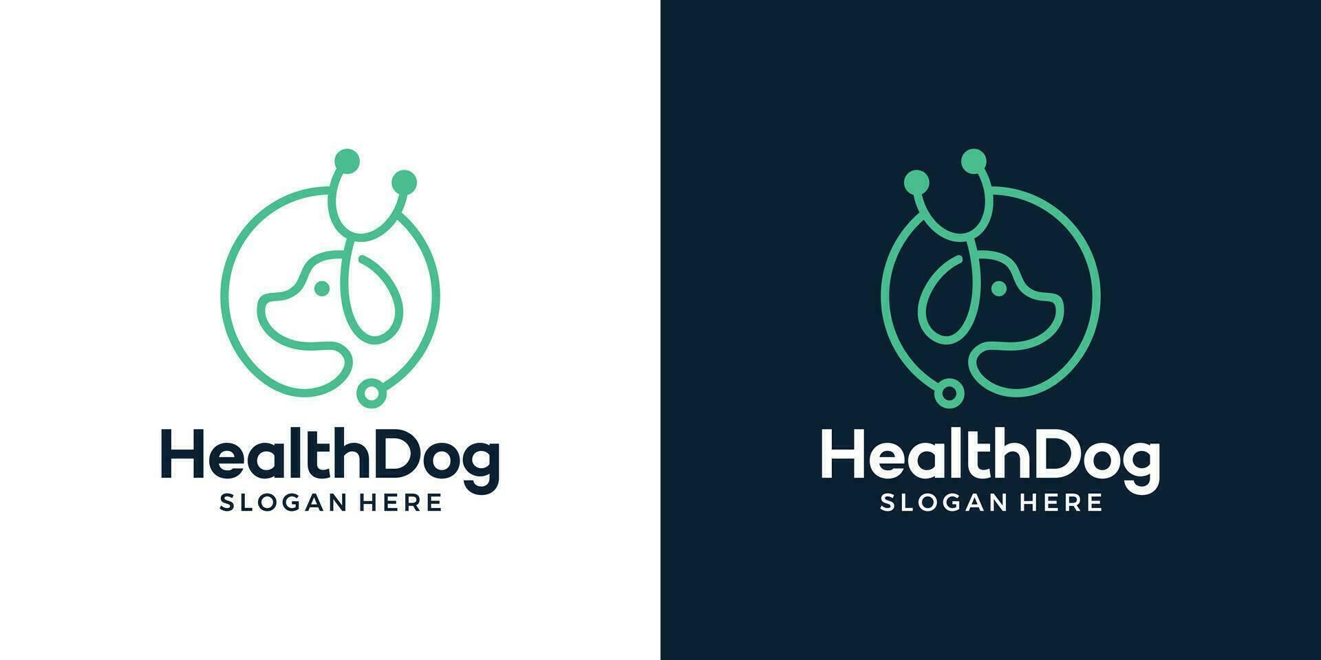 Pet care concept logo design template. Dog logo with stethoscope with line style design graphic vector illustration. Symbol, icon, creative.