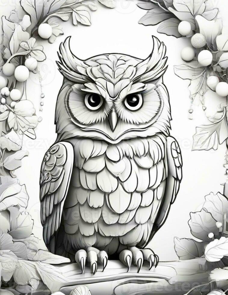 AI generated beautiful winter owl coloring book for children and adults photo