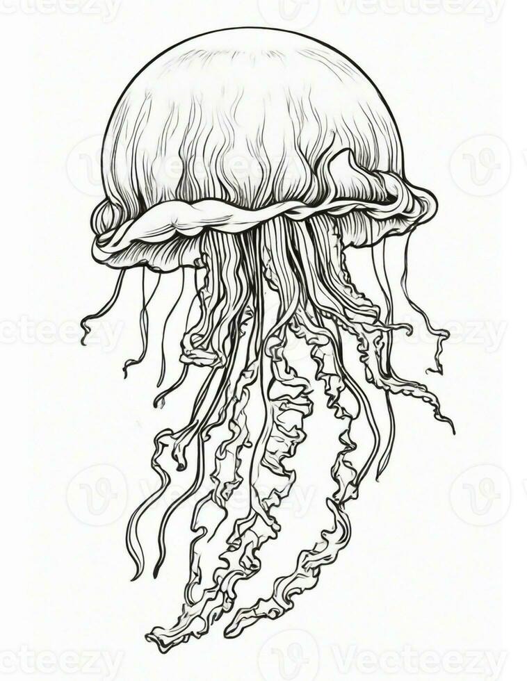 AI generated jellyfish in the sea elegant coloring book for kids or adults photo