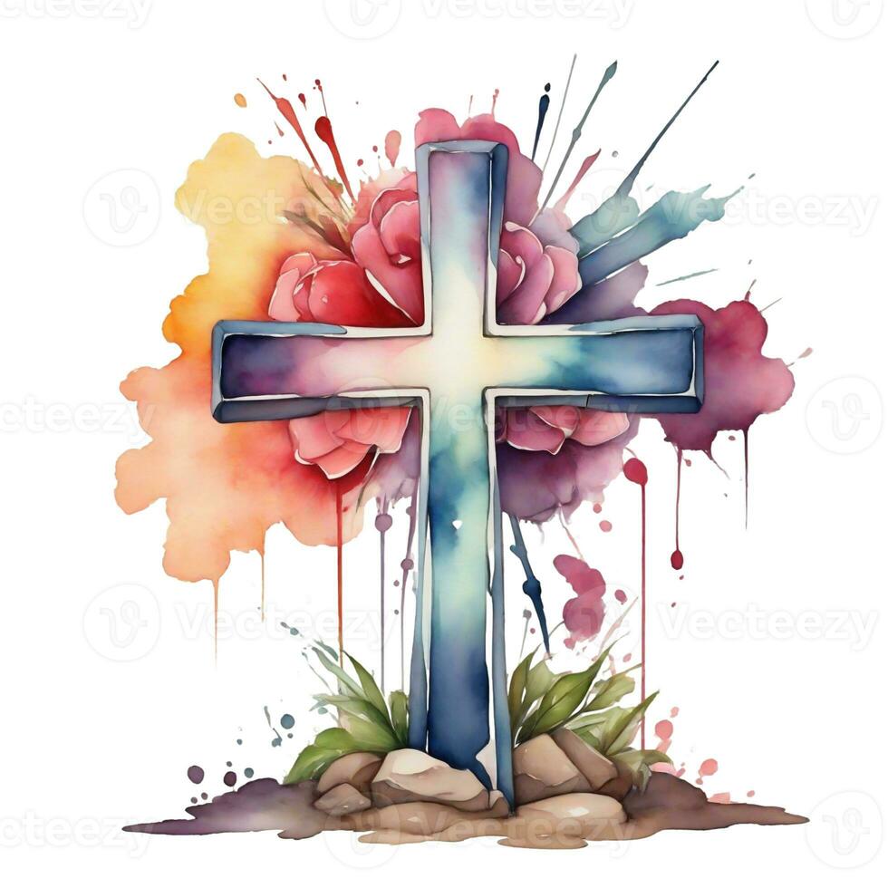 AI generated watercolor  christian cross in flowers on white background photo