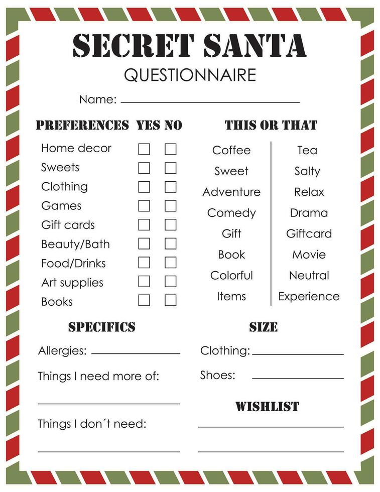Secret Santa Questionnaire. Gift Exchange. Office Secret Santa. Workplace Gift Questionnaire. Christmas Wish list template. vector