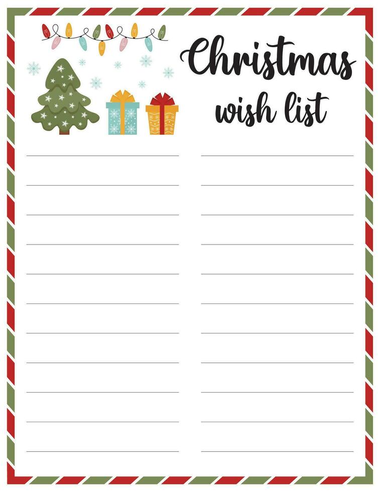 Christmas Wishlist Wish list for Christmas gifts with cute holiday ornament. Gift list. Vector template.