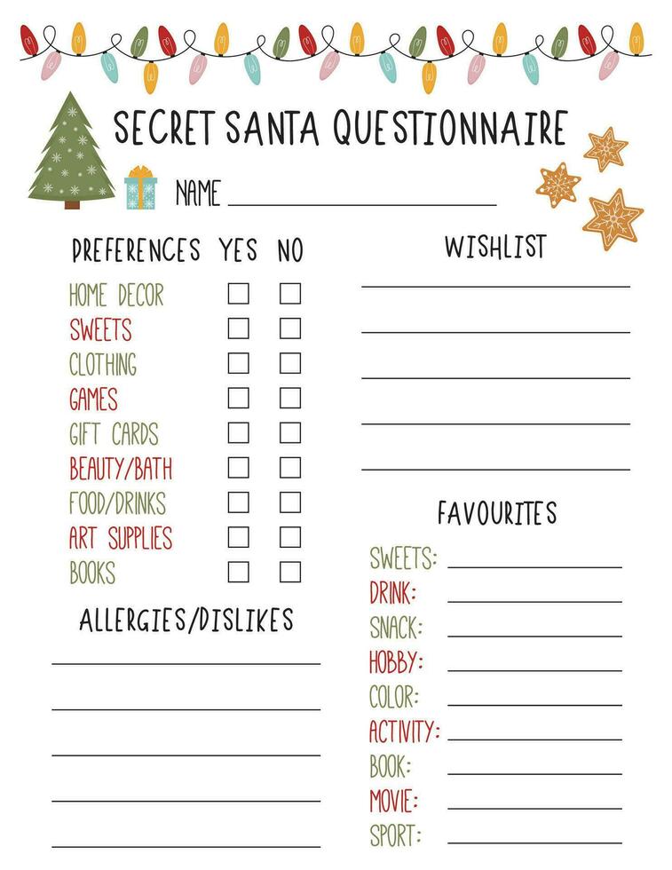 Secret Santa Questionnaire. Gift Exchange. Office Secret Santa. Workplace Gift Questionnaire. Christmas Wish list template. vector