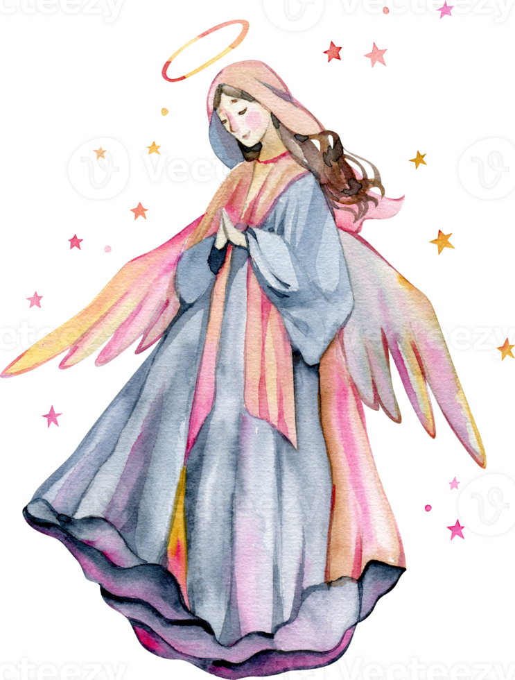 Merry Christmas and New Year Greeting Card with Beautiful Angel with Wings, Watercolor Illustration png