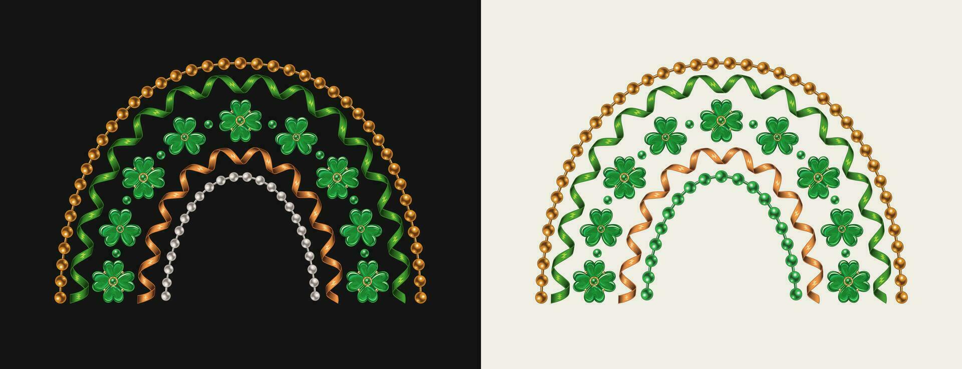 Rainbow made with clover, lucky shamrock leaves, bead strings, spiral ribbons. Design element for St Patricks Day decoration. Irish traditional colors vector