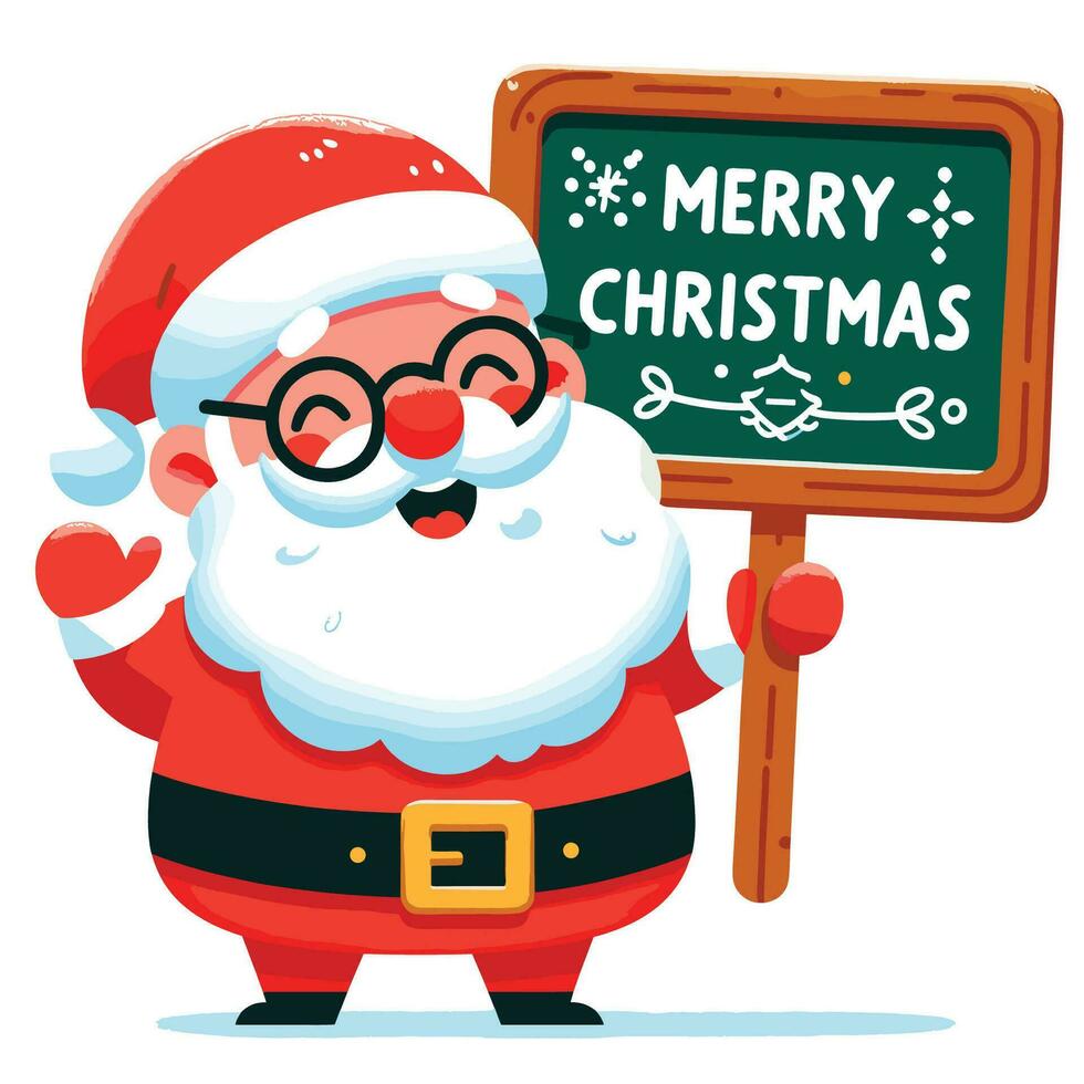 Cheerful hand drawn flat santa with Merry Christmas written on board vector illustrations on white background