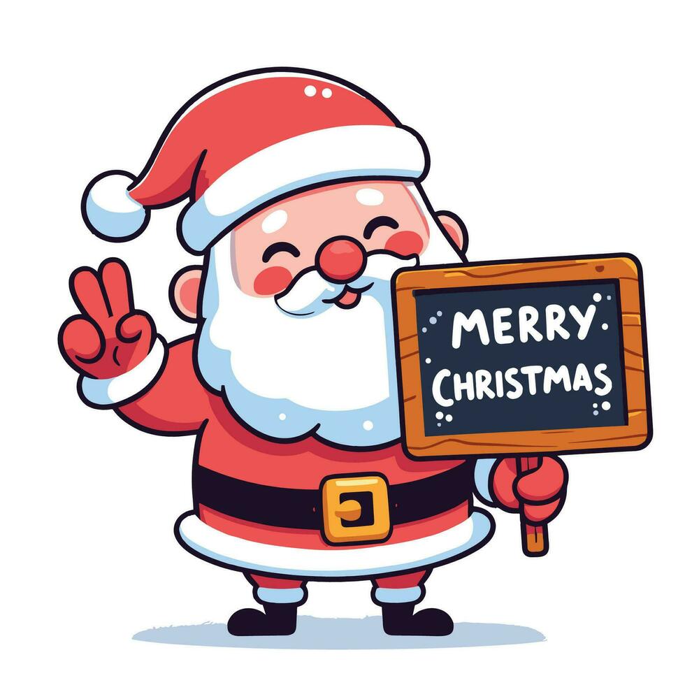 Cheerful hand drawn flat santa with Merry Christmas written on board vector illustrations on white background