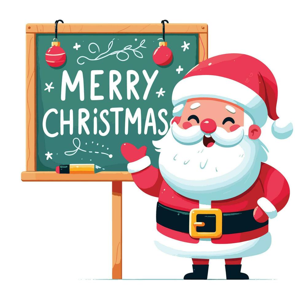 Cheerful hand drawn flat santa with Merry Christmas written on board vector illustrations on white background