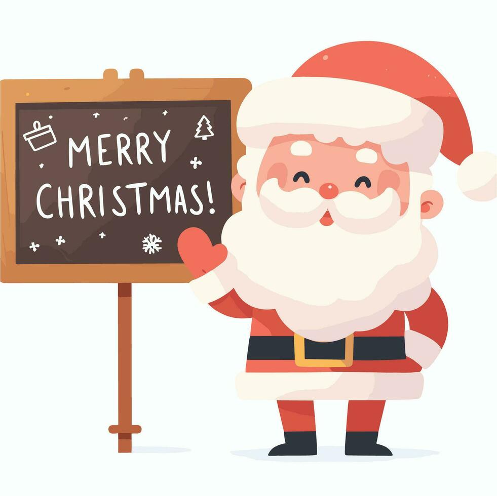 Cheerful hand drawn flat santa with Merry Christmas written on board vector illustrations on white background