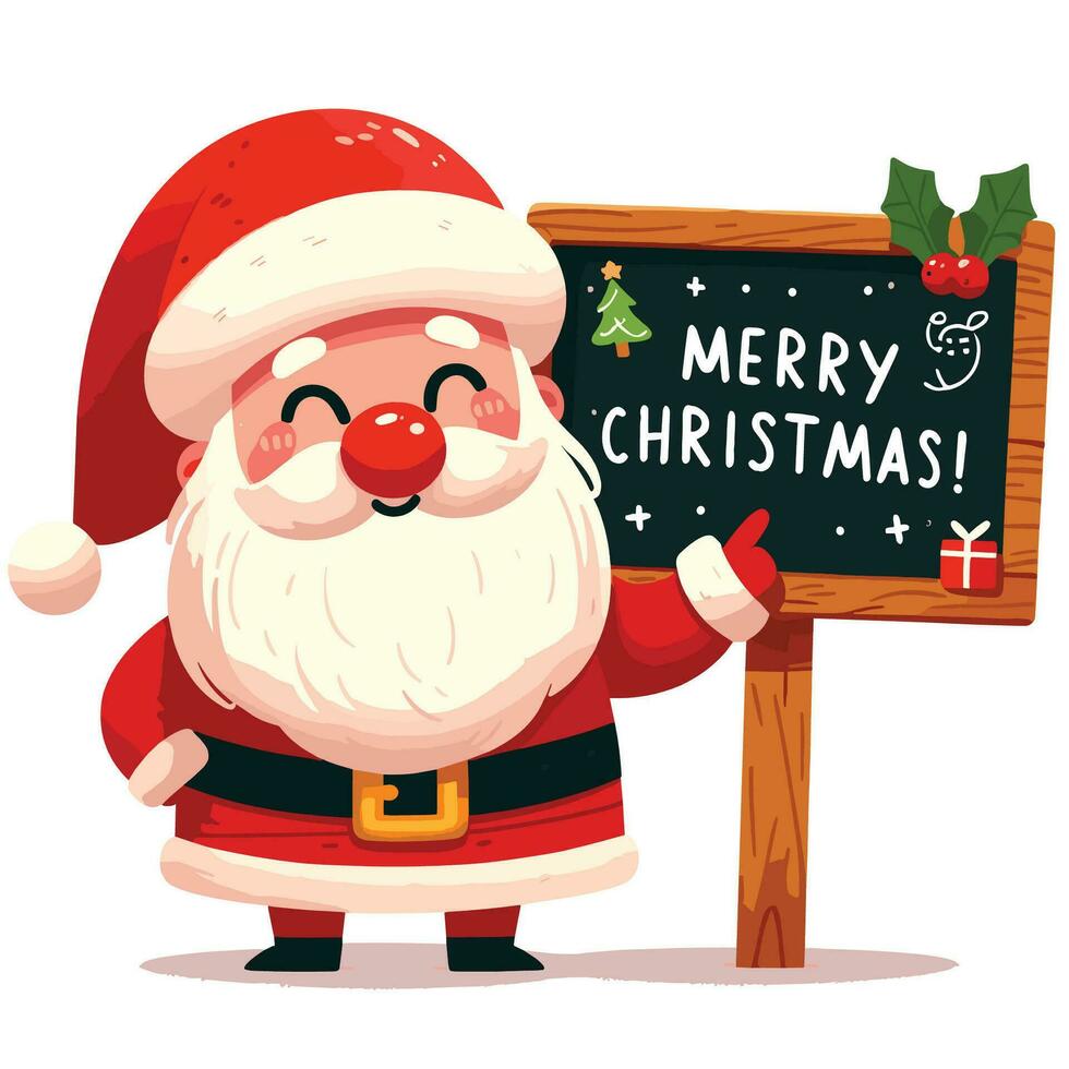 Cheerful hand drawn flat santa with Merry Christmas written on board vector illustrations on white background