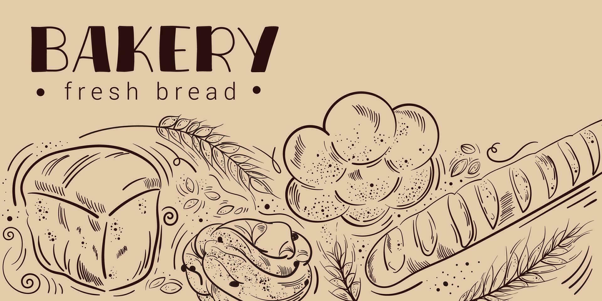 Bakery background. Linear graphic. Bread and pastry collection. Bread house. Vector illustration. For advertising, packaging, banners , web, branding