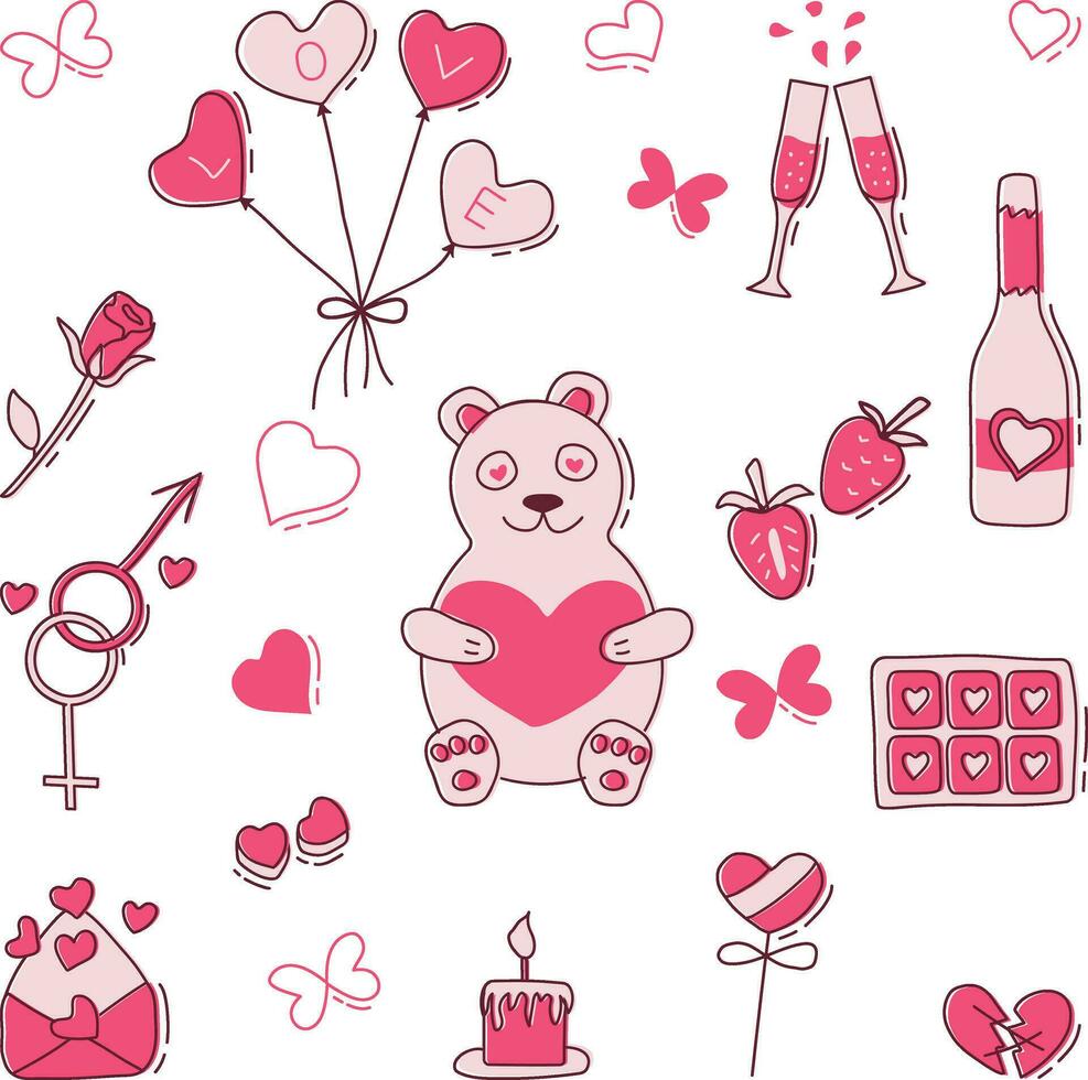 Valentine's day Flat Doodle Clip Art Set. Vector illustration on white background