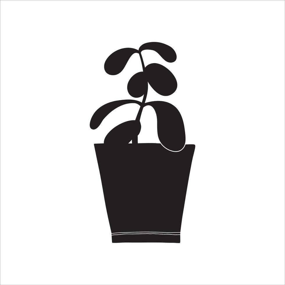 Vector silhouette of the potted plant in black and white style. Succulent, house plants. Hand-drawn vector art isolated on the white background. Home decor, cozy atmosphere