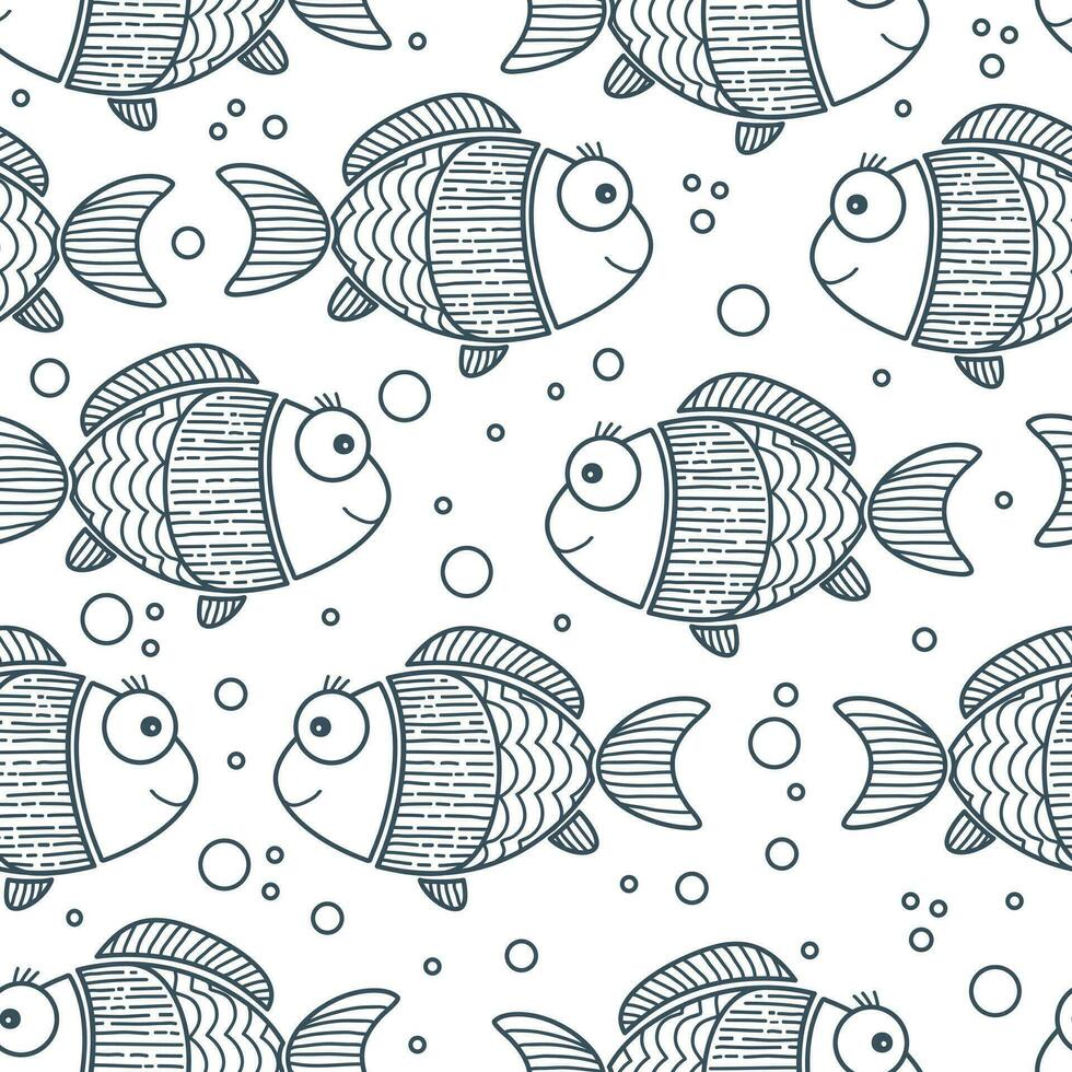 Ornamental fishes in doodle style. Cute vector seamless pattern with fishes. Endless background can be used for wallpaper, wrapping paper, child textile, web page background. Sea concept.