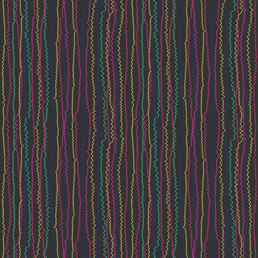Seamless pattern with colored waves on dark background. Vector repeating texture. Hand-drawn vertical curved lines. Best for fabric, wallpaper