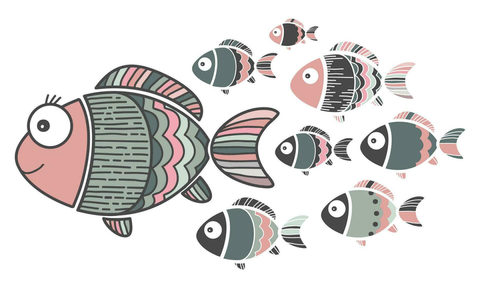 Vector ornamental fishes in flat style isolated on the white background. Sea concept. Set of cute colored fishes for child design