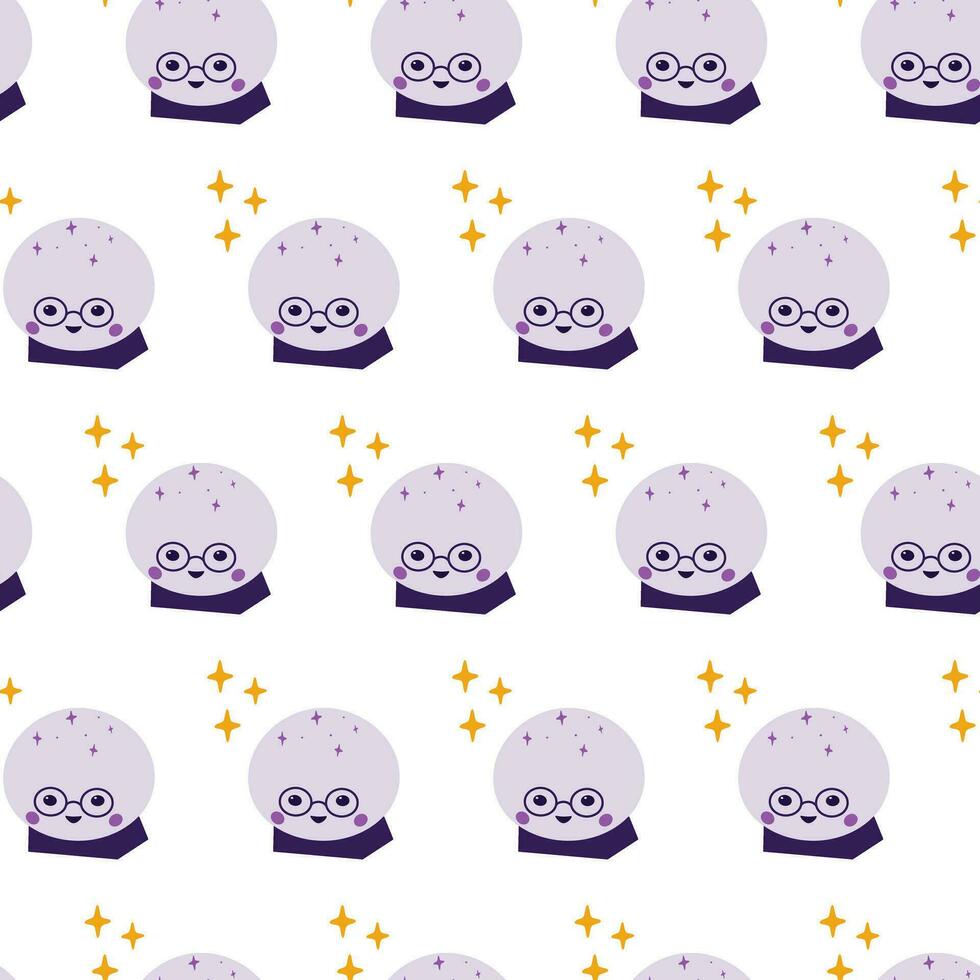 Seamless pattern of magic crystal ball and decorative elements of cute character in glass with stars vector