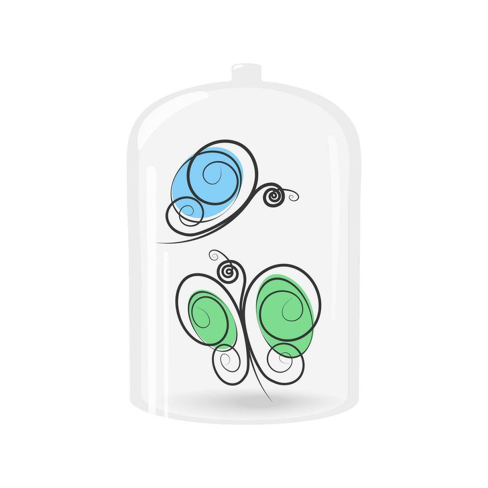 Butterflies under a transparent glass storage lid. Stylized set of spring decorative elements vector