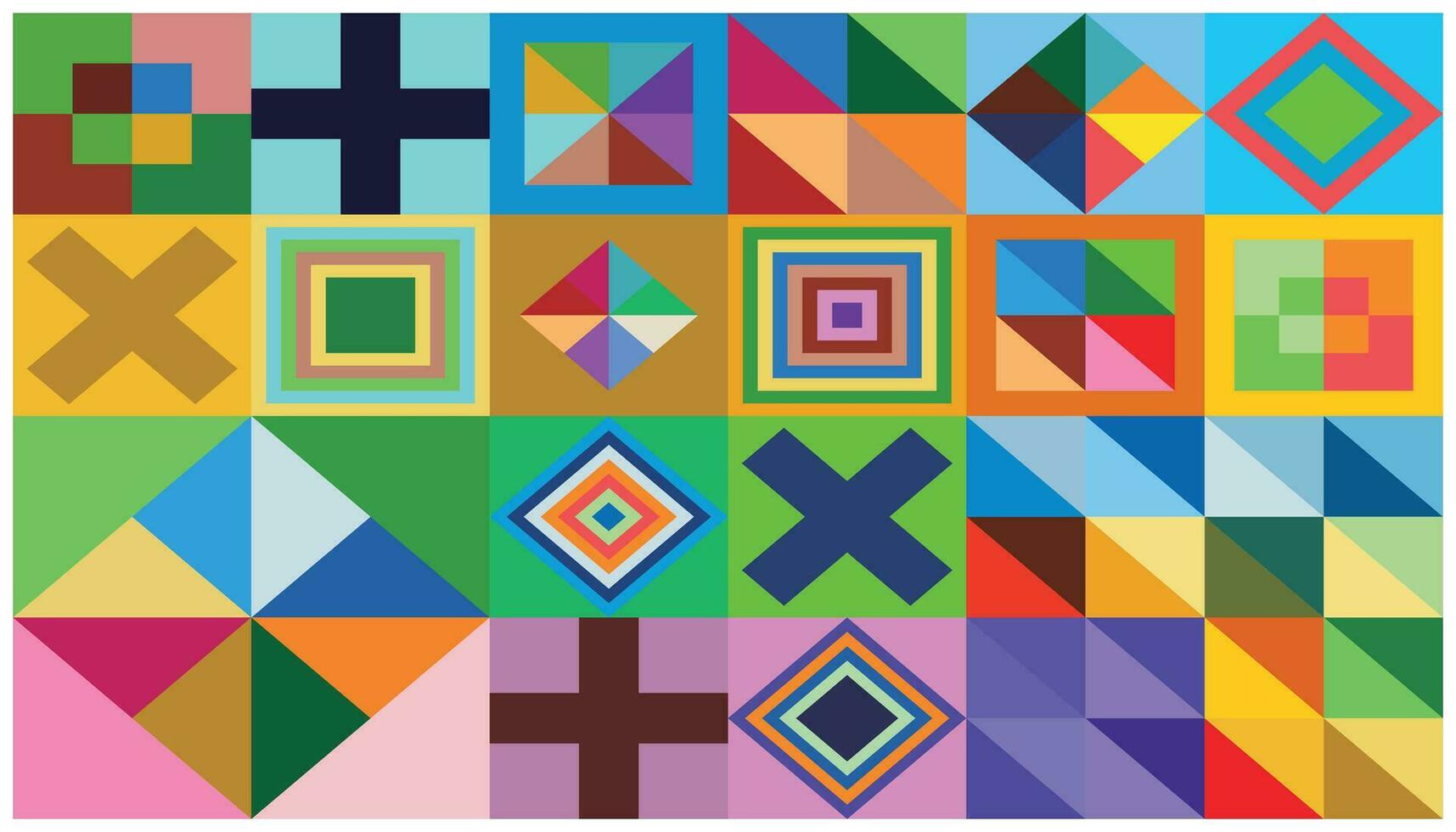 abstract background with squares, rectangles, rhombus and crosses. Vector illustration. Design elements with basic geometric shapes in full color. Simple and flat for various needs