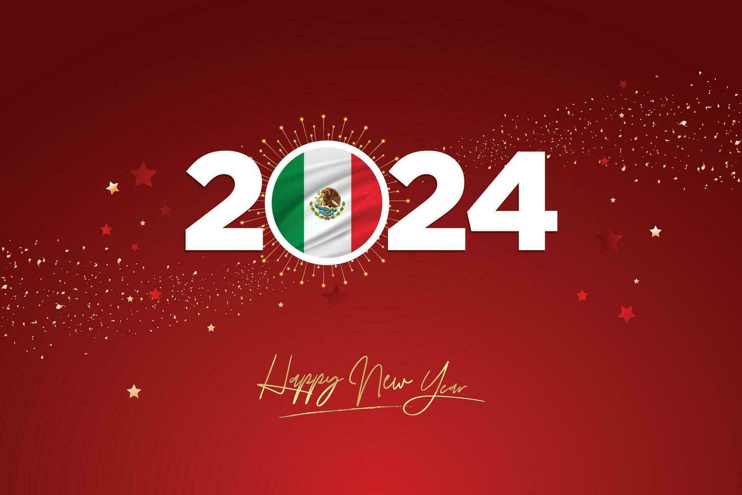 Colorful Happy New Year Festival Design Banner, New Year 2024 Logo with Mexican Flag on Red-Maroon Confetti and star Background, Calendar 2024, Social Media New Year Banner, Post Card, Greetings vector